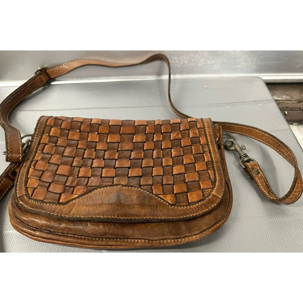 Bayside Vera Pelle Brown Woven Leather Crossbody Shoulder Bag Purse